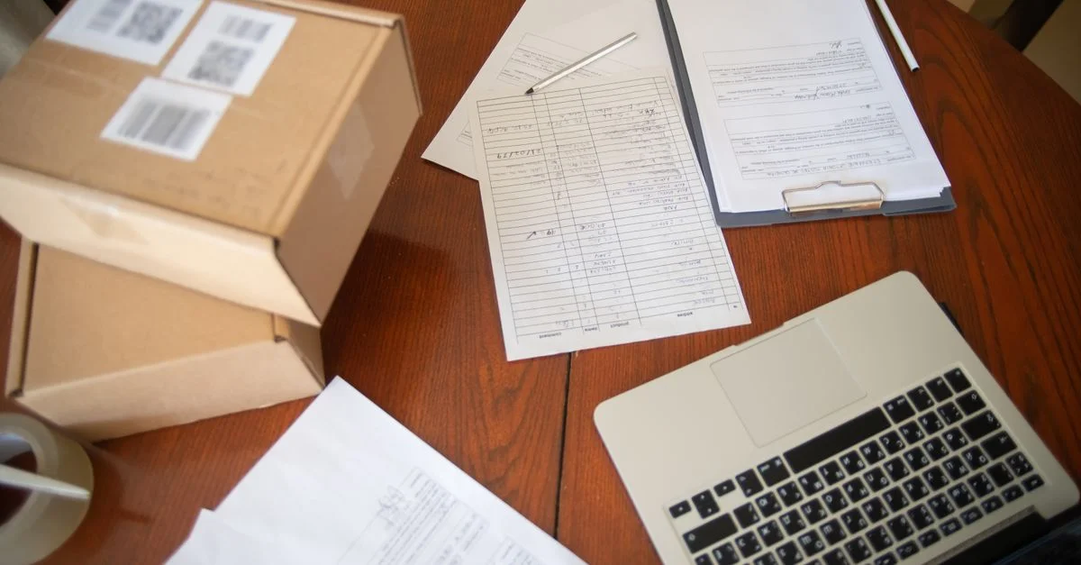 Vue de dessus d'un espace de travail avec un ordinateur portable, des documents et des cartons pour les opérations de commerce électronique.